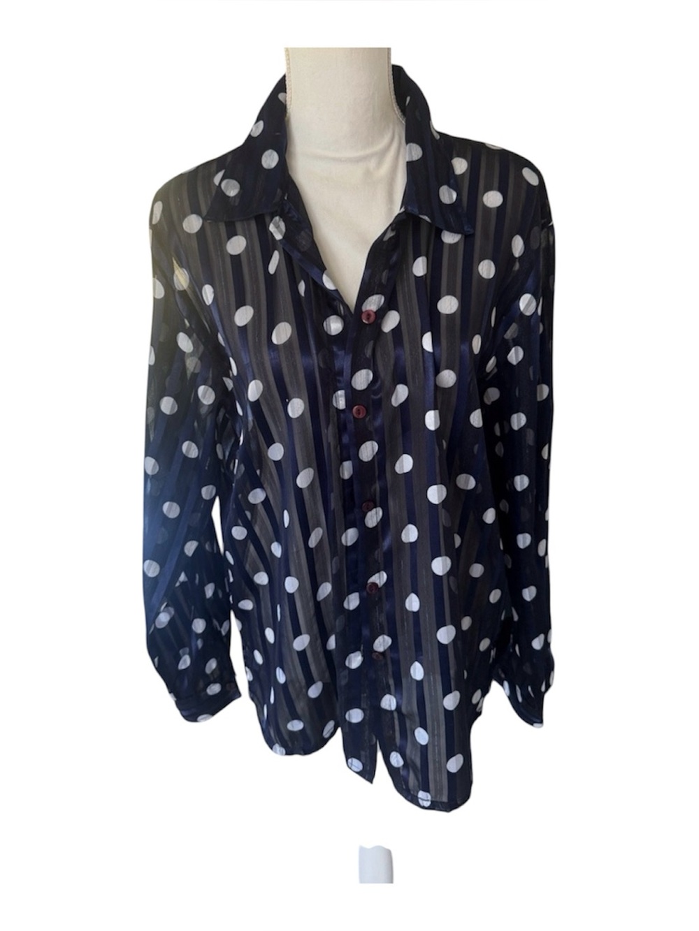 O' Kief & O'Kief Navy and White Polka Dot Sheer long sleeve blouse work career